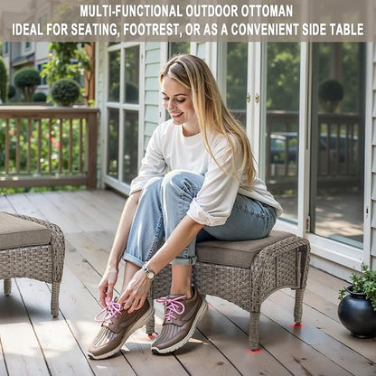 Belord Outdoor Ottomans for Patio Foot Rest - 25 Inch PE Wicker Foot Stool Set of 2 with Removable Cushions for Patio Furniture Sets,All Weather Rattan Ottoman for Balcony Deck Gray/Gray