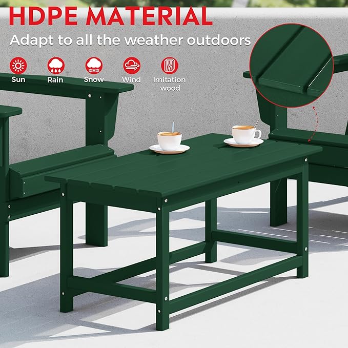 Costaelm 4-Piece Set Outdoor/Patio Poly Adirondack Chairs with a Coffee and a Side Table (2 Seater), Dark Green