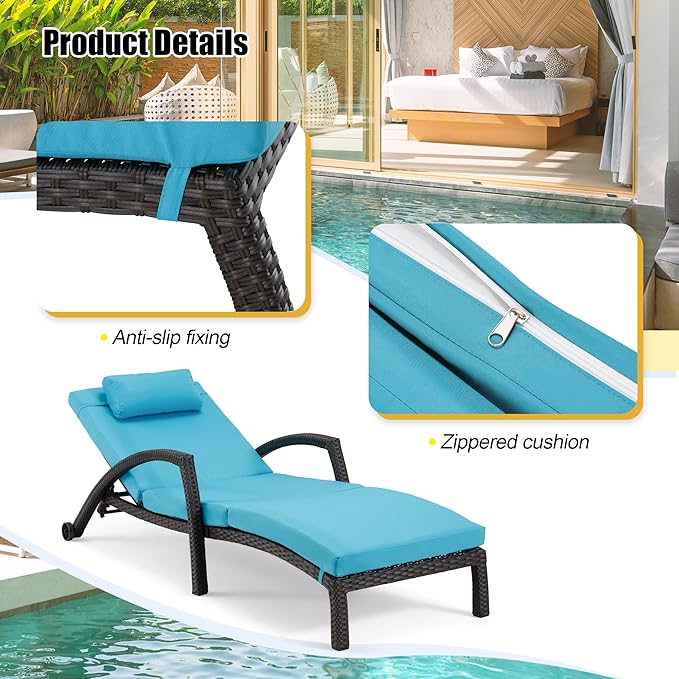 HOMREST Chaise Lounge Chairs Set of 6, PE Rattan Wicker Lounge Chair with Arm and Wheels for Poolside,Blue