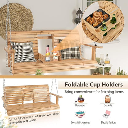 Tangkula 2 Person Hanging Porch Swing, Outdoor Bench Swing with Adjustable Chains, Foldable Cup Holders, High Back, Cozy Armrests, Wooden Hanging Swing Chair for Backyard Deck Garden Natural