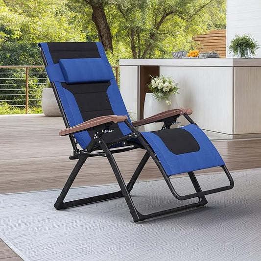 PURPLE LEAF Oversized Outdoor Reclining Chair Patio Zero Gravity Chaise Lounge Folding Chair with Quilted Cushion Adjustable Headrest for Lawn Camping Beach Pool Navy Blue and Black