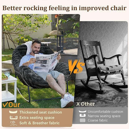 Outdoor Rocking Chair, Patio Wicker Egg Chair, Indoor Comfy Oversized Papasan Chair with Padded Cushion, Royal Rattan Rocker for Front Porch, Garden, Patio (Dark Grey)