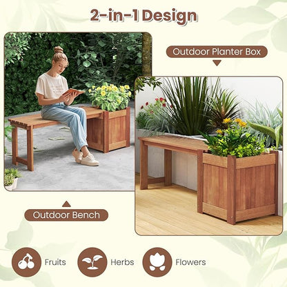 HAPPYGRILL Outdoor Bench with Planter Box, 2 Raised Garden Bed w/Spacious Seat, Open-Ended Base for Herbs Fruits Vegetables, 2-in-1 Wood Garden Bench for Outdoors Patio Yard Balcony