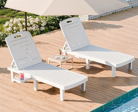 WACASA Outdoor Chaise Lounge Chairs Set of 2, Oversized Lounge Chairs with 5-Level Adjustable Backrest & Cup Holder, Resin Waterproof Pool Lounge Chair for Poolside, Patio, Beach, Yard, White