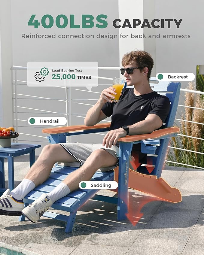 Folding Adirondack Chair with Retractable Ottoman Weather Resistant Fire Pit Chair Patio Chair with 2 Cup Holder Lawn Outdoor Lounge Chair (Navy Blue)