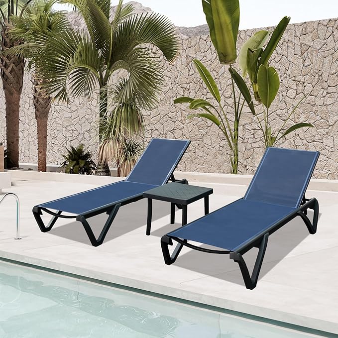 Domi Pool Lounge Chair Set of 3, Aluminum Outdoor Chaise Lounge with Side Table,5 Position Adjustable Backrest and Wheels, Outdoor Lounge Chairs for Pool, Garden, Beach, Backyar, Navy Blue