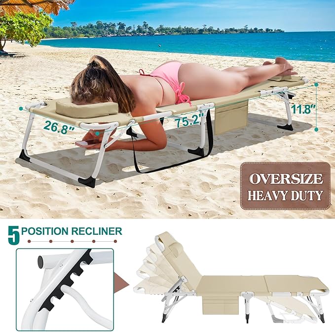 DoCred Heavy Duty XXL Tanning Chair with Face Hole&Mat, Oversized 5-Position Folding Chaise Lounge Chairs for Outside, Portable Beach Lounge Chair for Outdoor Sunbathing Beach Pool Lawn Camping