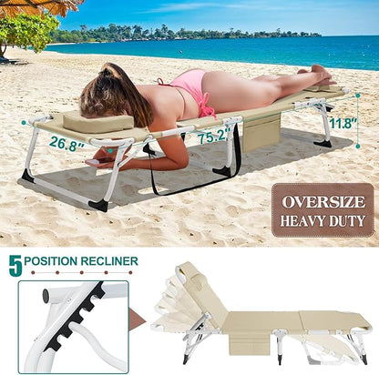 DoCred Heavy Duty XXL Tanning Chair with Face Hole&Mat, Oversized 5-Position Folding Chaise Lounge Chairs for Outside, Portable Beach Lounge Chair for Outdoor Sunbathing Beach Pool Lawn Camping