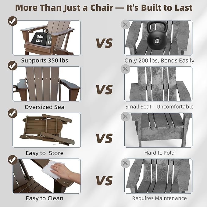 Domi Folding Adirondack Chairs Set of 4, HDPE All-Weather Outdoor Chairs with Cup Holder, Wooden Textured Fire Pit Chairs for Backyard, Patio, Poolside & Deck, Khaki