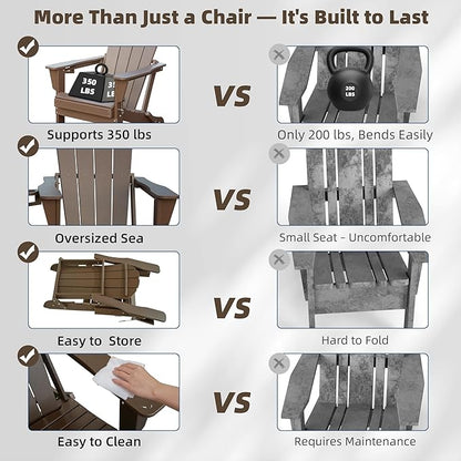 Domi Folding Adirondack Chair, HDPE All-Weather Outdoor Chair with Cup Holder, Wooden Textured Fire Pit Chair for Backyard, Patio, Poolside & Deck, Khaki