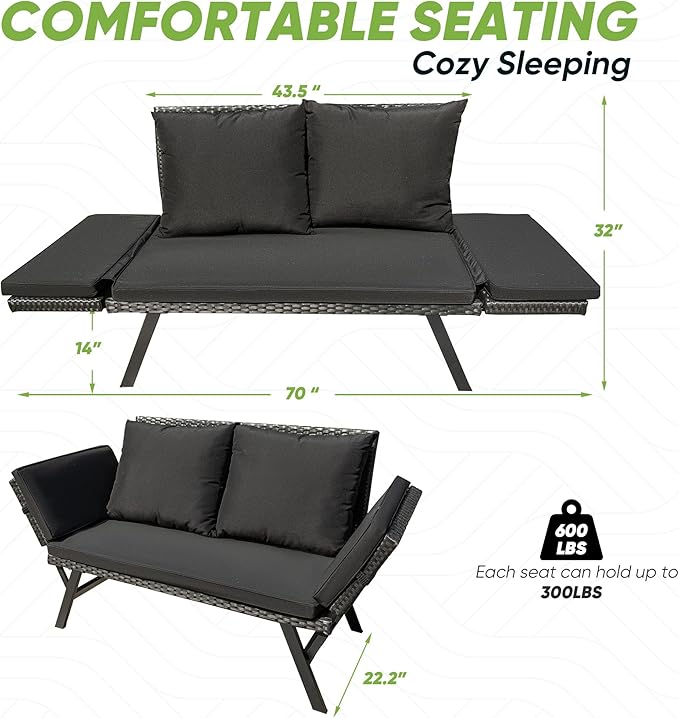Greesum Outdoor Sofa, Woven Rattan Patio Furniture, Convertible Daybed or Double Chair with Adjustable Armrests - Photo 3