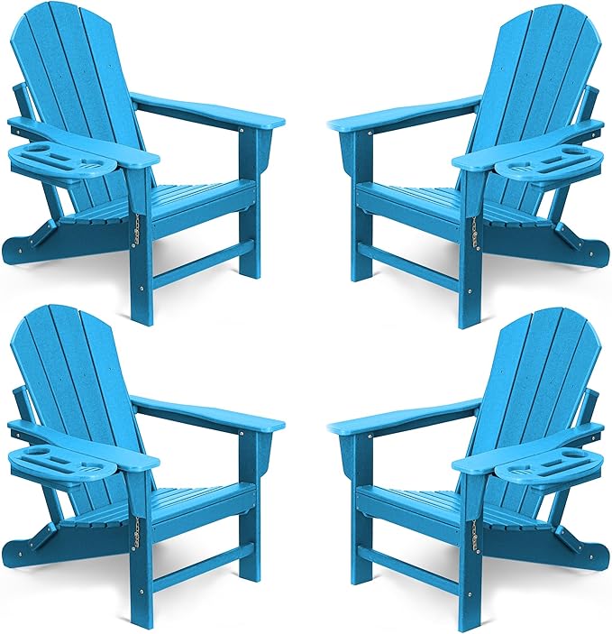FOOWIN Folding Adirondack Chair Set of 4, HDPE Adirondack Chairs with Cup Holder, Weather Resistant Plastic Fire Pit Chairs for Outdoor, Patio, Lawn, Garden, Backyard, Deck, Pacific Blue