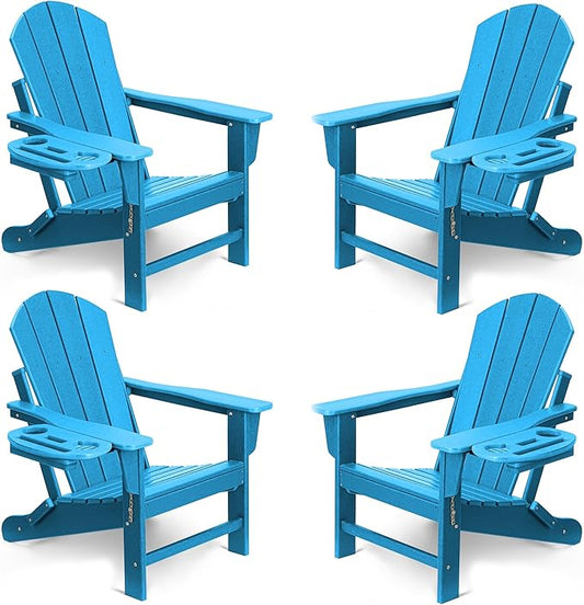 FOOWIN Folding Adirondack Chair Set of 4, HDPE Adirondack Chairs with Cup Holder, Weather Resistant Plastic Fire Pit Chairs for Outdoor, Patio, Lawn, Garden, Backyard, Deck, Pacific Blue