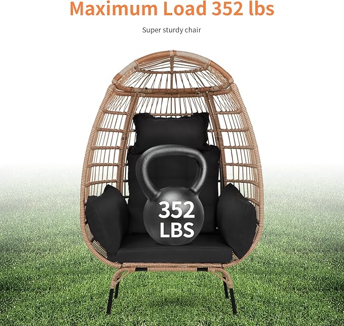 PayLessHere Egg Chair Egg Basket Rattan Chair Steel Frame Oversized Indoor Outdoor Lounger Simple Installation with 4 Comfort Cushion and Stand,352lb Capacity for Patio Garden Living Room，Black