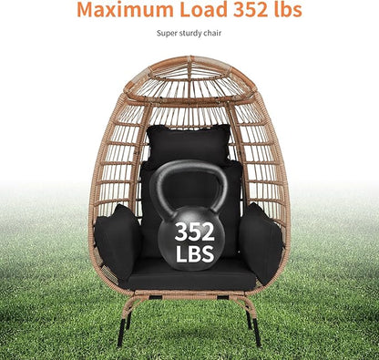 PayLessHere Egg Chair Egg Basket Rattan Chair Steel Frame Oversized Indoor Outdoor Lounger Simple Installation with 4 Comfort Cushion and Stand,352lb Capacity for Patio Garden Living Room，Black