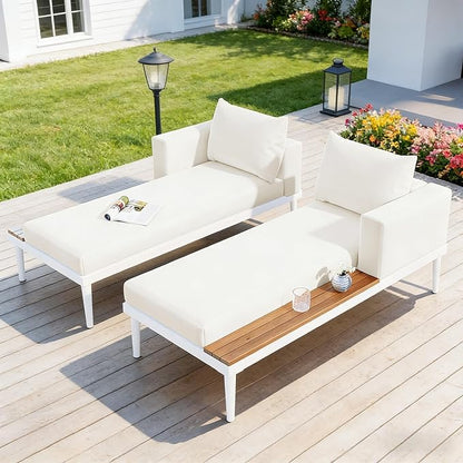 SOFTSEA Outdoor Daybed Patio Metal Frame Daybed with Wood Side Tables, 2-in-1 Convertible Chaise Lounges, Outdoor Loveseat Sofa Set with Cushions for Backyard, Poolside, Beige Natural