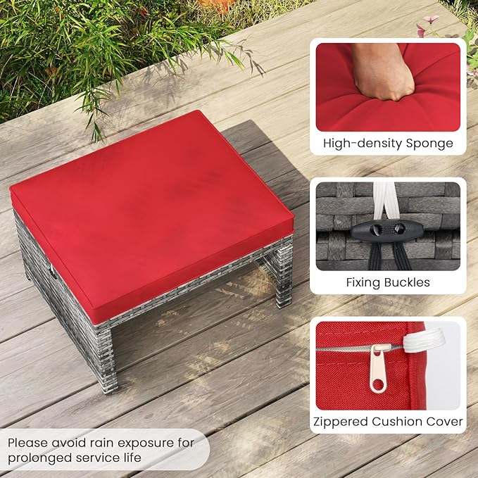 RELAX4LIFE Wicker Outdoor Ottoman Set of 2 - Rattan Footstools Foot Rest w/Removable Cushions, Multipurpose Side Table & Additional Seating, Outdoor Ottomans for Patio Garden Porch (Grey-Red)