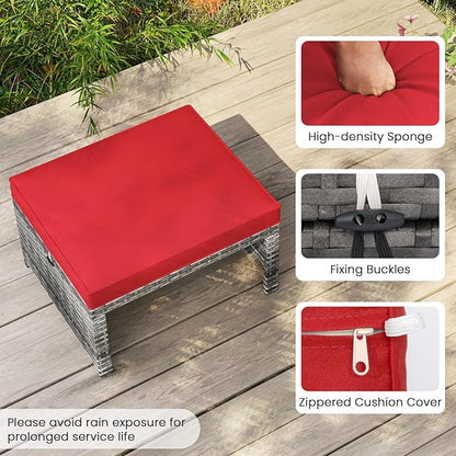 RELAX4LIFE Wicker Outdoor Ottoman Set of 2 - Rattan Footstools Foot Rest w/Removable Cushions, Multipurpose Side Table & Additional Seating, Outdoor Ottomans for Patio Garden Porch (Grey-Red)