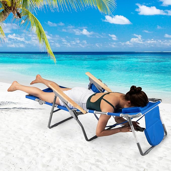 Goplus 3-in-1 Foldable Beach Chair, Lay-Flat Tanning Chair with Face and Arm Holes, Footrest, 330 lbs Heavy-Duty Portable Reclining Lounge Chairs for Outside, Camping, Patio, Poolside, Lawn (1,Navy)