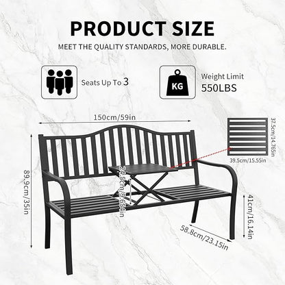 YLGJ&TIDY 50 Inches Patio Bench Outdoor Metal Bench with Stripe Pattern Backrest Armrest Rust-Resistant Pull-Out Table Outdoor Porch Benches for Garden Park Lawn Yard Front Porch (BENCH04 2PK)