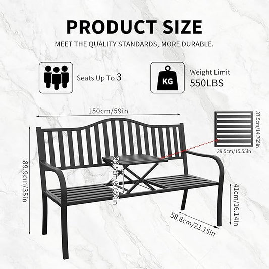 YLGJ&TIDY 50 Inches Patio Bench Outdoor Metal Bench with Stripe Pattern Backrest Armrest Rust-Resistant Pull-Out Table Outdoor Porch Benches for Garden Park Lawn Yard Front Porch (BENCH04 2PK)