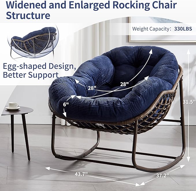 HOMEFUN Outdoor Patio Rocking Chairs, Oversized Papasan Rock Chair Indoor with Striped Velvet Padded Cushion - Rocker Egg Seat for Front Porch, Garden, Patio, Backyard Navy