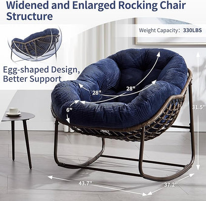 HOMEFUN Outdoor Patio Rocking Chairs, Oversized Papasan Rock Chair Indoor with Striped Velvet Padded Cushion - Rocker Egg Seat for Front Porch, Garden, Patio, Backyard Navy