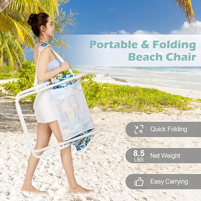 GYMAX Beach Chair Set of 2, Folding Sling Chairs with Headrest, Cup Holder & Shoulder Strap - Photo 4