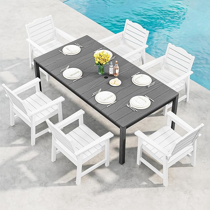 Outdoor Dining Table, Weatherproof 63" Rectangle HIPS Patio Dining Table for 6, with 2" Umbrella Hole, Outdoor Table for Backyard Deck Poolside, Gray
