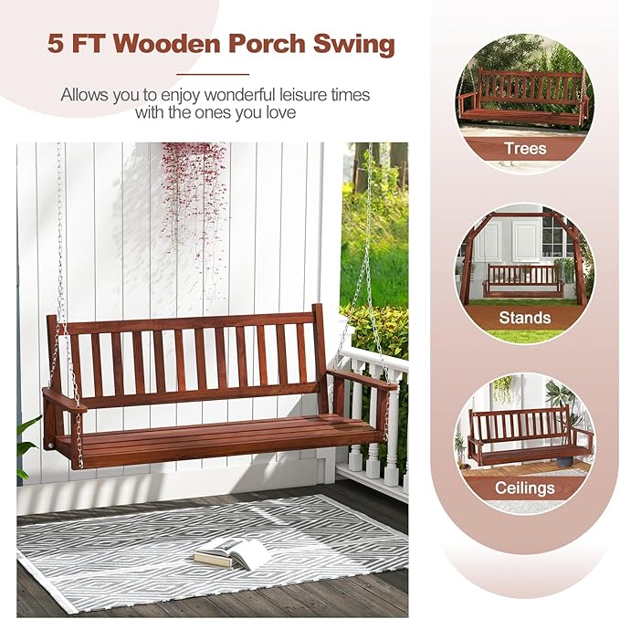 Tangkula 3 Person Wooden Porch Swing, Hanging Patio Swing with 2 Adjustable Galvanized Metal Chains, Slatted Back & Seat - Photo 5