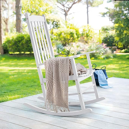 Greesum Outdoor Rocking Chairs Set of 2, Acacia High Back Oversized All-Weather Lounge Rocker with 320 lbs of Support for Patio, Garden, Deck, Porch,White