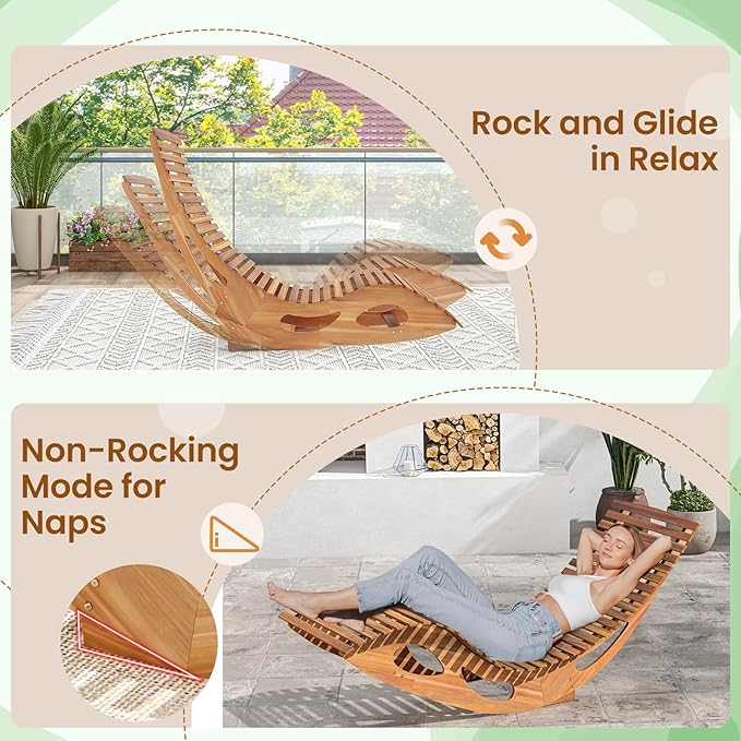 HAPPYGRILL Outdoor Acacia Wood Chaise Lounge Set of 2, Rocking Chair with High Back, Slatted Seat, Stopper, Outside Wood Rocker, 350 Lbs Capacity Sun Lounger