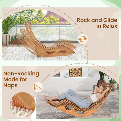 RELAX4LIFE Rocking Chaise Lounge Chair - Acacia Wood Sun Lounger w/Slatted Seat & Bottom Stopper, Indoor Outdoor Rocker for Pool Porch Patio, 350LBS Capacity, Wooden Rocking Lounge Chair (1, 23.5'')