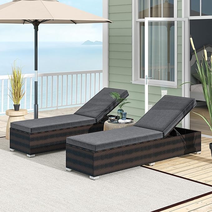 Tangkula Outdoor Chaise Lounge, Patio Wicker Lounge Chair w/ 4-Level Backrest, Heavy-Duty Metal Frame, Outside Rattan Reclining Chair w/Long Seat Cushion for Backyard, Poolside