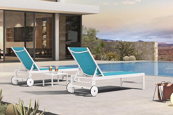 PURPLE LEAF Outdoor Chaise Lounge Set Elderly-Friendly Straight Legs Adjustable Sunbathing Recliner with Side Table for Back Support Poolside Beach Patio Lounge Chairs Blue