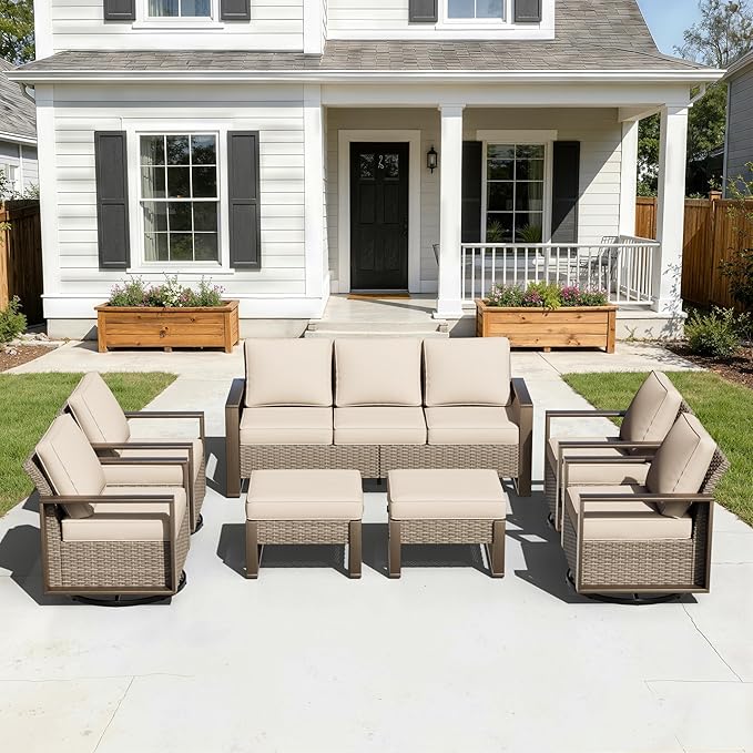 7 Pieces Metal Wicker Patio Furniture Set - 75" Sofa, Four Swivel Chairs and Two Ottomans - Photo 9
