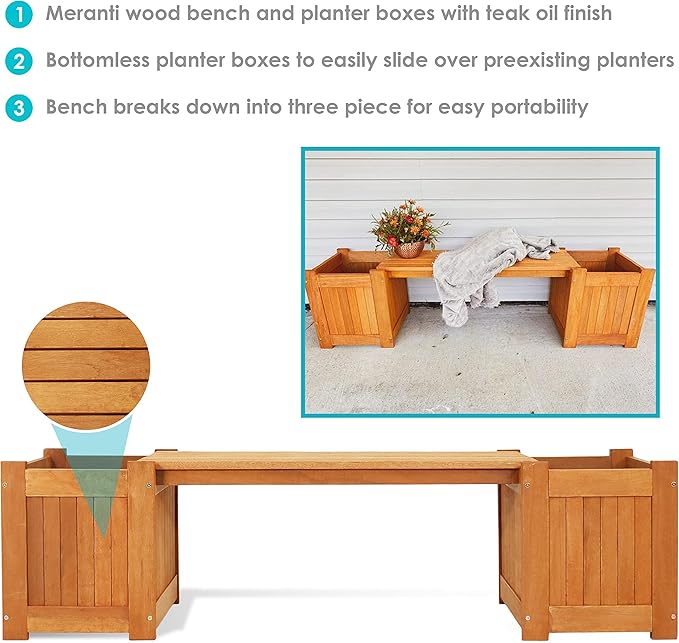 Sunnydaze 68-Inch Meranti Wood Outdoor Planter Box Bench with Teak Oil Finish