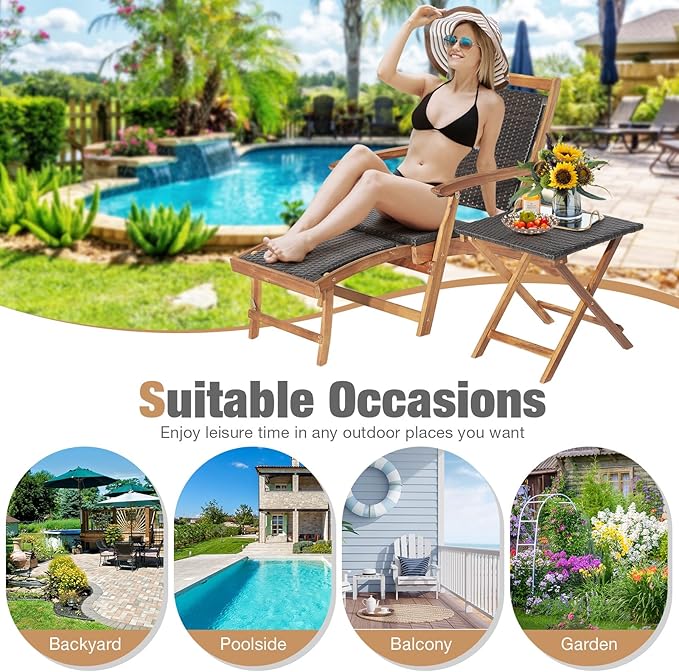RELAX4LIFE Patio Lounge Chair Set - Outdoor Acacia Wood Chaise Lounge w/Side Table, Armrest & Retractable Ottoman - Photo 7