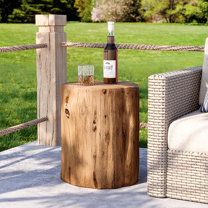 HOMPUS Concrete Outdoor Side Table Set of 2, 2 Piece Tree Stump Modern Round Coffee Table Accent Table Set Plant Stand Faux Wood End Table Garden Stool for Patio,Home Decor, Living Room, Oak