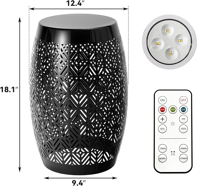 18" Cutout Metal Outdoor Side Table with 3-Mode LED Lights, Modern Decorative Drum End Table - Photo 2