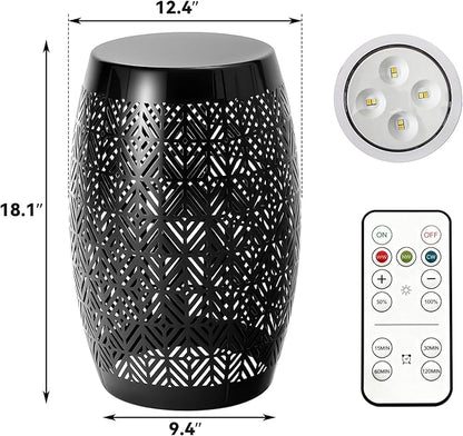 18" Cutout Metal Outdoor Side Table with 3-Mode LED Lights, Modern Decorative Drum End Table, Versatile Coffee Table/Garden Stool/Night Stand/Plant Stand for Patio, Living Room, Bedroom