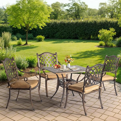Outvita Patio Side Table, 35.4in Outdoor Square Cast Aluminum Bistro Table with Umbrella Hole and Antique Design for Backyard Porch Pool Balcony Deck Bronze