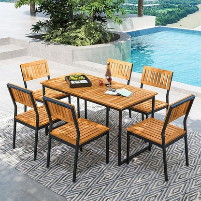 Tangkula 55 Inches Acacia Wood Patio Dining Table for 6, Rectangle Outdoor Table with Heavy Duty Metal Legs and Umbrella Hole, Outside Table for Backyard, Deck, Lawn, Poolside