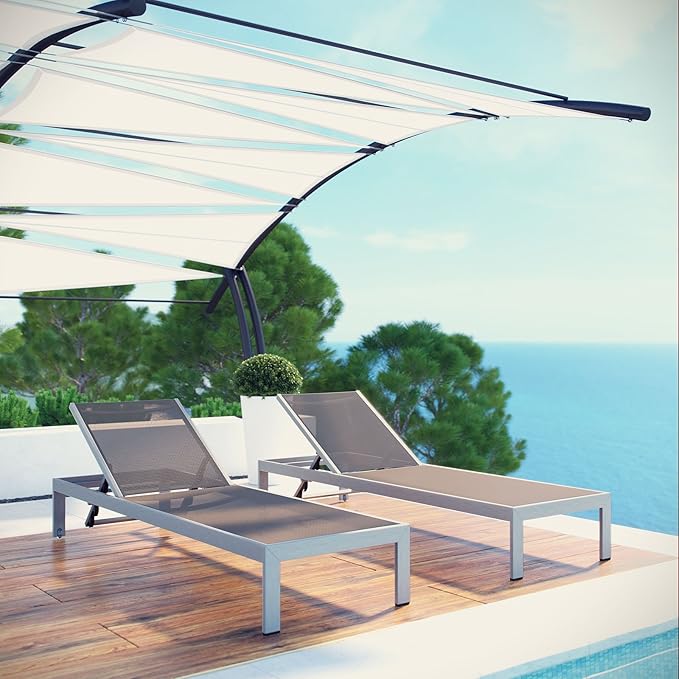 Modway Shore Aluminum Mesh Outdoor Patio Poolside Chaise Lounge Chair in Silver Gray