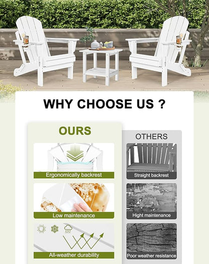 Folding Adirondack Chairs Set 4- Plastic Adirondack Chairs with Cup Holder, Weather Resistant for Outdoor, Patio, Lawn, Garden, Backyard Deck, Fire Pit - White