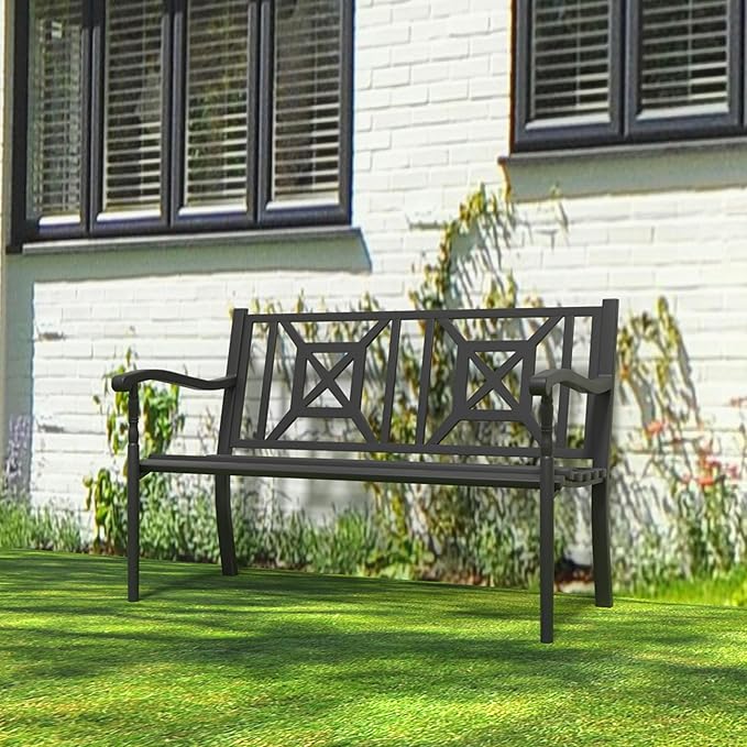 YLGJ&TIDY 50 Inches Garden Benches for Outdoor Patio Bench with Pattern Backrest Armrest Weatherproof Park Benches - Photo 8