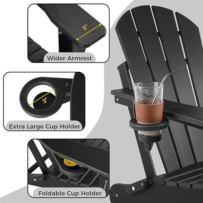 Magpie Fabrics Foldable Adirondack Chair with Cup Holder, HDPE Weather Resistant Oversize Outdoor Chair, Widely Used in Patio, Fire Pit, Deck, Porch, Garden, Campfire (Black)