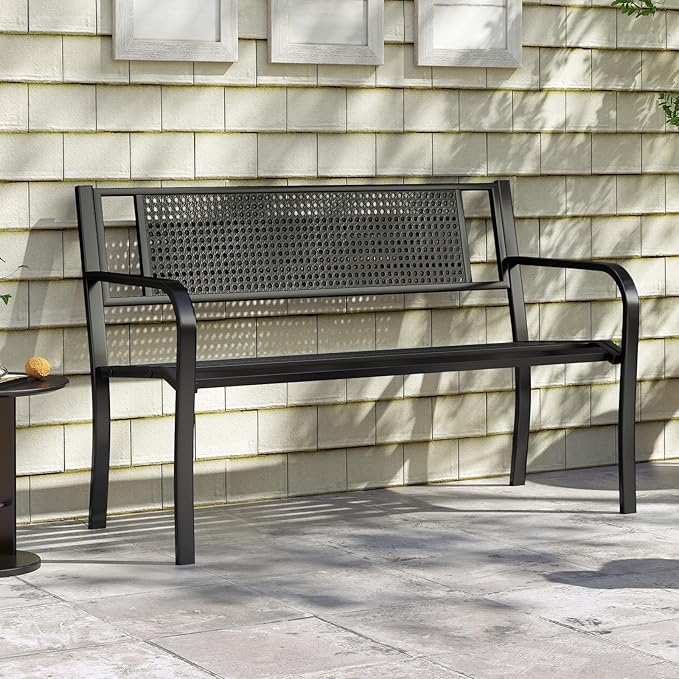 Tangkula Metal Patio Park Bench, 50 Inches Outdoor Garden Bench with Patterned Backrest and Curved Armrests, 2-3-Person Patio Bench, Outdoor Metal Loveseat Chair for Porch, Lawn, Park