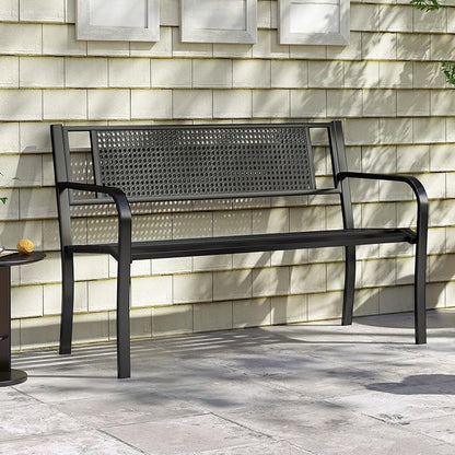 Tangkula Metal Patio Park Bench, 50 Inches Outdoor Garden Bench with Patterned Backrest and Curved Armrests, 2-3-Person Patio Bench, Outdoor Metal Loveseat Chair for Porch, Lawn, Park