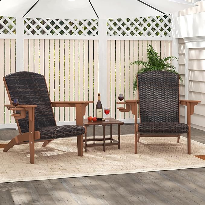 Tangkula Patio Wicker Adirondack Chair, HDPE Lounge Chair w/Rattan Padded Seat & Back, Wide Armrests & Hidden Cupholder, Outdoor All-Weather Adirondack Fire Pit Chair for Backyard, Lawn (1, Coffee)